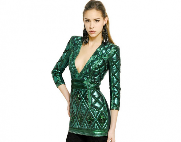 Balmain Green Embroidered Laminated Nappa Dress 2