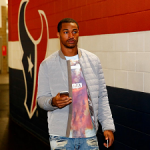 NFL Style: Jaelen Strong Rocks A Hood By Air Blue Explosion Print Tee-Shirt & adidas Yeezy Boost 350 Sneakers